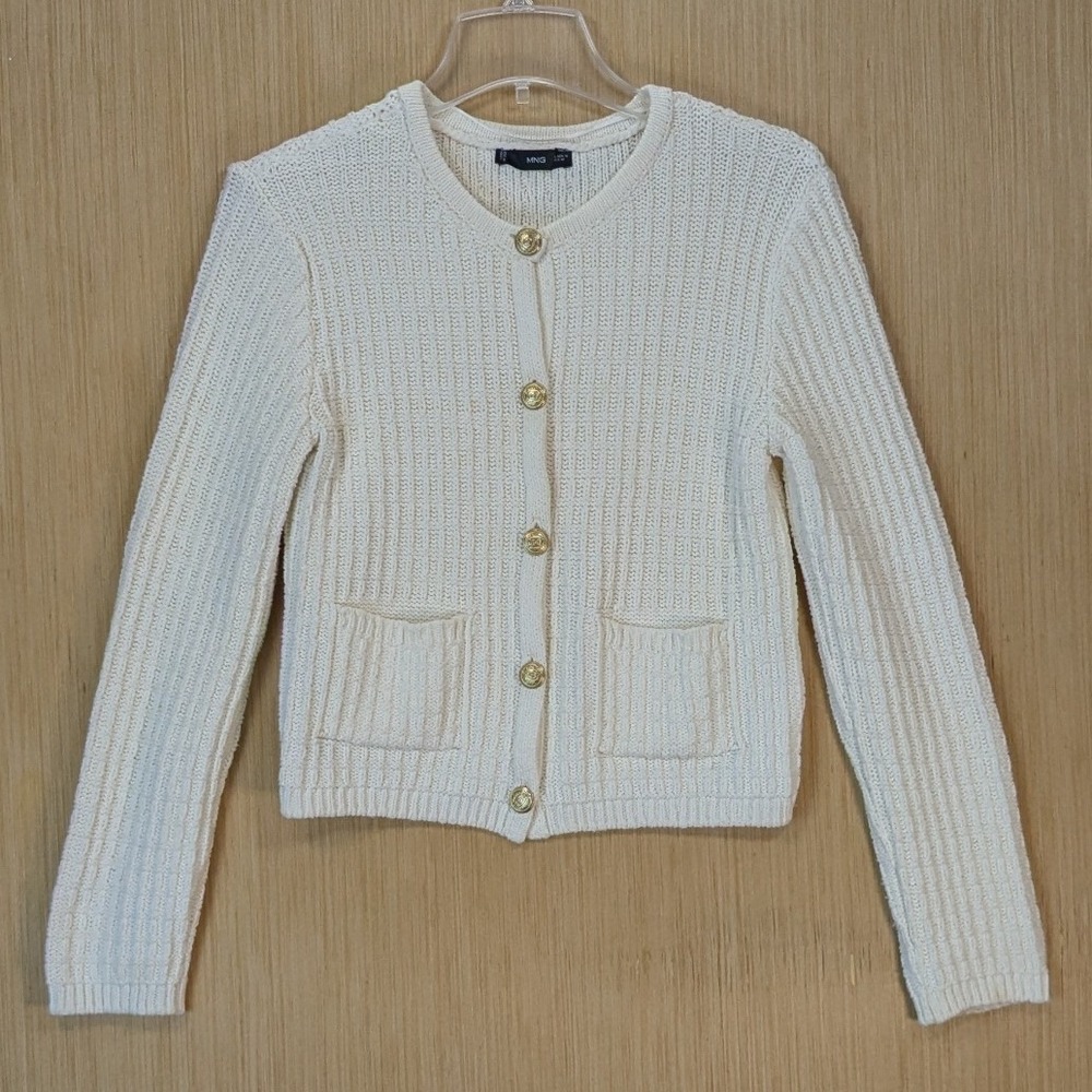 Mango MNG‎ Cardigan Sweater Womens Medium Cream Ribbed Old Money Heritage Preppy